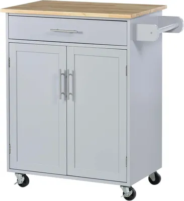 Image de Chariot de cuisine sur roulettes - Chariot de service pour îlot de cuisine - Organisateur de cuisine - Avec tiroir et porte-serviettes - 83x45x91,5 cm - Gris