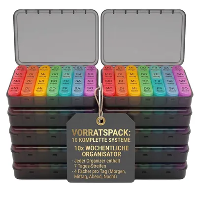 Produktbild von BigDean 10 Stück Tablettenbox 7 Tage Vorteilspack | Medikamentenbox mit 7 Fächern & 4 Teilungen, Pillendose, Tabletten Organizer, Schwarz