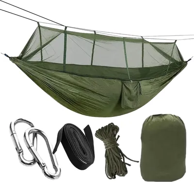 Produktbild von HSXL Leichte Outdoor-Hängematte mit Moskitonetz und Zubehör – 260 x 140 cm – Grün – Survival-Hängematte mit Moskitonetz