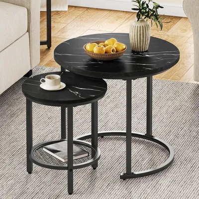 Image de Ensemble de deux tables basses rondes, en bois et métal, de couleur noire. Dimensions : 60x60x50,5 cm et 38x38x45,5 cm