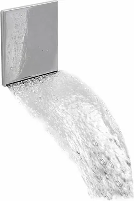 A close-up shot of a chrome waterfall faucet with water flowing out.