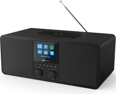 A black Philips internet radio with a screen displaying various app icons.