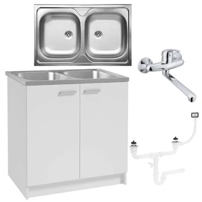 Zdjęcie produktu dla Szafka Kuchenna Biała Zlew 2 Komory 80 x 50 + Bateria Ścienna Chrom + Syfon