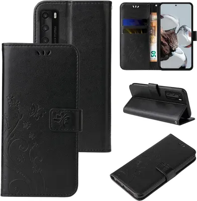 Produktbild von Handyhülle für Huawei P40 Floral Blumen Schmetterling Flip Cover Hülle Case Klapphülle Handytasche Farbe: Schwarz