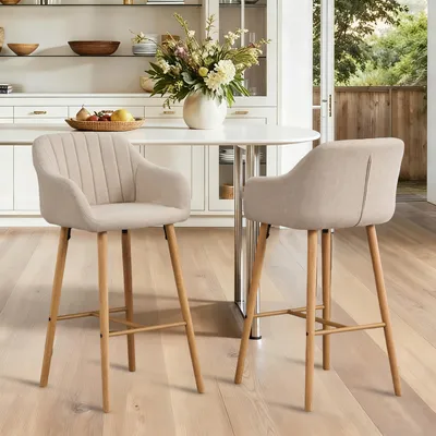 Image de LVHOM Lot de 2 tabourets de bar en lin avec accoudoirs et dossier, tabourets de comptoir en bois de style scandinave, tabourets de bar rembourrés pour îlot de cuisine, beige