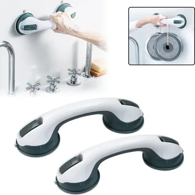 Produktbild von VHV Haltegriff Saugnapf mit Schnellentriegelung, 2 Stück, für Bad, Dusche, Badewanne, Kinder & Senioren, für glatte Oberflächen, ABS, Hellgrau Grün, 29x8x9,5cm (LxHxB), Robust, ohne Bohren