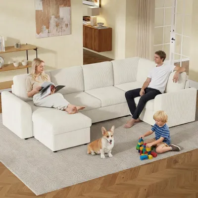 Produktbild von Merax 4-Sitzer U-förmiges Ecksofa mit 2 Stauraum Hocker, modulares Schlafsofa, Chenille Couch, Soffa, Sofa für Wohnzimmer & Gästezimmer, Beige