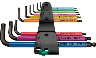 Obrázok produktu pre Wera 950/9, Typ výrobku: Sada nástrčných kľúčov, Počet kľúčov v balení: 9 kusov, Materiál rukoväte: Plast. Veľkosť dlhého ramena (min.): 9 cm, Veľkosť krátkeho ramena (min.): 22,4 cm (05022089001)