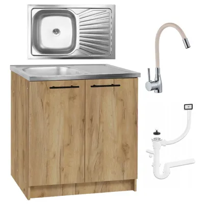 Produktbild von Stamar | Küchenschrank, Eiche Gold, 80 cm, Stehende Spüle Flexibler Wasserhahn, Beige Siphon