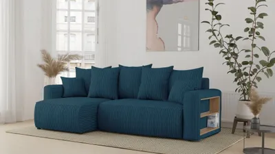 Zdjęcie produktu dla Sofa narożna z funkcją spania i podstawą łóżka SOLERO - sofa w kształcie litery L, sofa narożna, sofa rozkładana ze schowkiem, sofa z funkcją spania niebieska otomana lewa