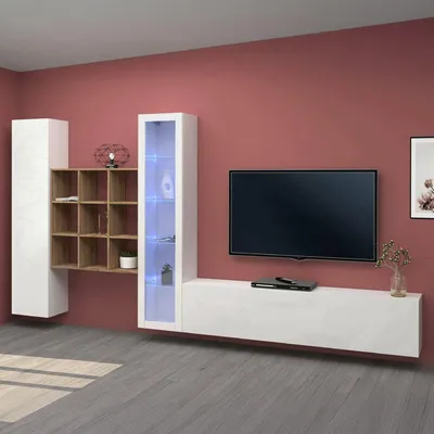 Immagine prodotto di Dmora Parete Attrezzata Arizzano 30x310x180h cm Bianco Lucido, 21 Vani Apertura Battente e a Ribalta Italy
