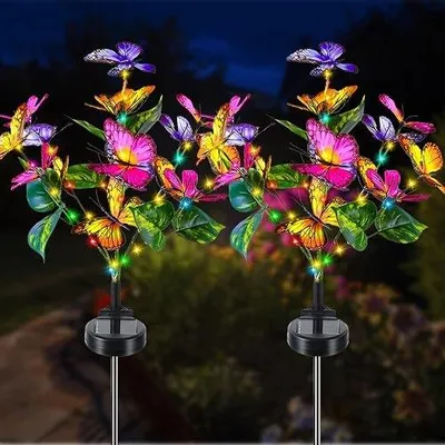 Zdjęcie produktu dla Lampy solarne ogrodowe kwiatowe z motylem 78 LED 2 sztuki wodoodporne