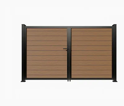 Produktbild von Doppelflügeltor aus WPC - B1305 x H183 cm - Dunkle Naturholzoptik - SENZIO