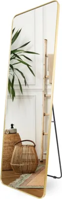Productafbeelding van SensaHome spiegel voor het hele lichaam – vrijstaand en hangend model – grote wandspiegel – geborsteld aluminium – veiligheidsglas – 160 x 50 cm – goud