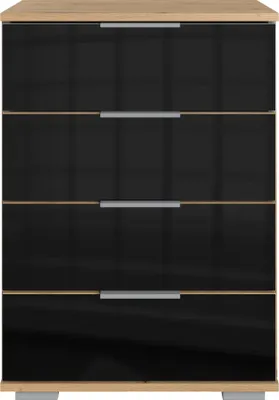 Produktbild von Nachtkommode "Easy Plus Kommoden" in Artisan-Eiche mit 4 Schubladen und Absetzungen in GLAS SCHWARZ. Abmessungen (BxHxT) 52x74x38 cm