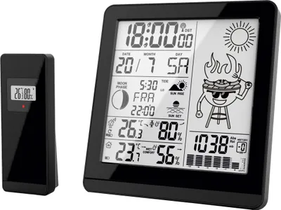Produktbild von MIraval Design Funk-Wetterstation Außensensor BBQ-Motiv Mondphase Sonnenaufgang Datumsanzeige 2 Alarme Funkuhr Wecker Sonnenuntergang Hygrometer Barometer