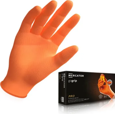 Produktbild von Nitrilhandschuhe puderfrei latexfrei 2-3x dicker Diamanttextur MERCATOR GoGrip, Größe:XL - 50 Stück, Farbe:GoGrip Orange