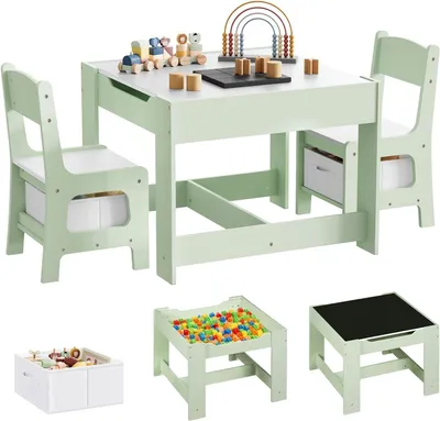 Produktbild von WOLTU Kindertisch mit 2 Stühlen, Kindersitzgruppe mit Stauraum, für Kinder ab 2 Jahren, Grün + Weiß