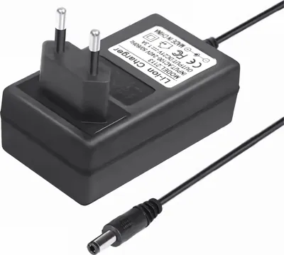 A black power adapter with a European plug and a DC output cable, shown on a white background.