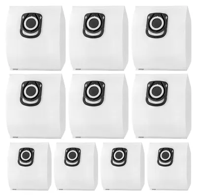 A grid of ten white vacuum cleaner bags with black circular connectors.