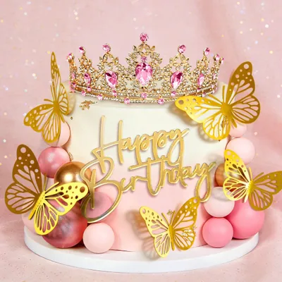 Image de Décoration de gâteau couronne rose avec papillons dorés