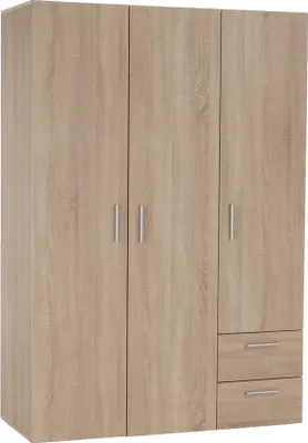 A three-door wardrobe with two drawers at the bottom right, shown against a white background.