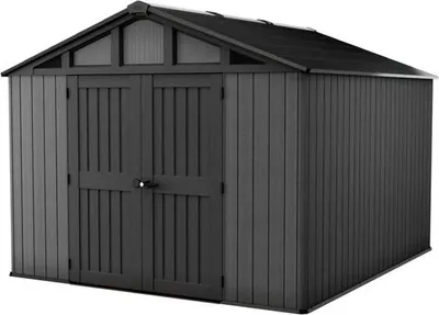 A dark gray Keter Stronghold garden shed with double doors and a pitched roof.