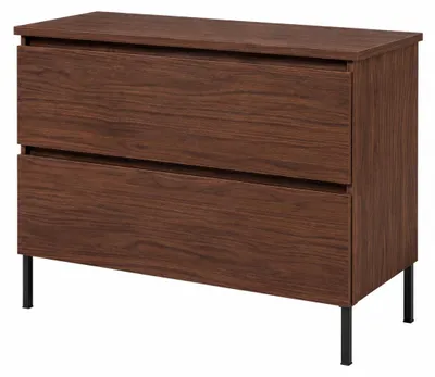 Productafbeelding van Badkamerkast, staand model, 80 cm breed, gladde fronten, notenhout-eikenhout + glad notenhout, zonder handgrepen, vierkante poten van 15 cm, afmetingen: 80 x 46 x [hoogte ontbreekt], AI-gegenereerde afbeelding