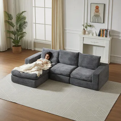 Obrázek produktu pro MODFU Cord Loungesofa Relaxační křeslo se ČTYŘMI moduly a kovovou oporou, sedací souprava se třemi polštáři z kordu, čalouněný nábytek z vysoce elastické pěny, tmavě šedá