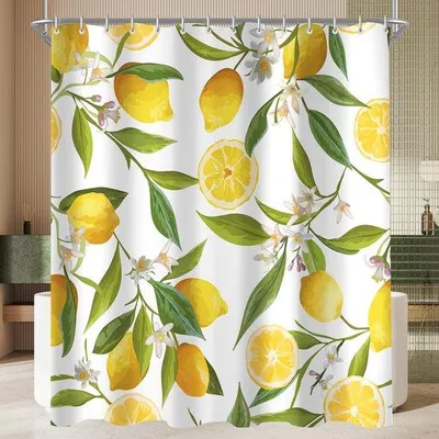 Productafbeelding van Unyqoos® Douchegordijn 200 x 200 cm – Polyester, waterafstotend, citroenbladmotief, verzwaard voetstuk, 12 stevige haken, machinewasbaar, sneldrogend