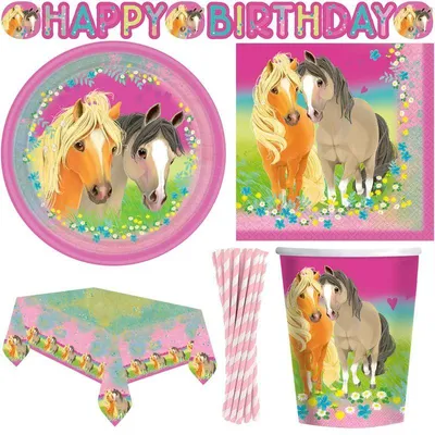 Produktbild von Pferde Kindergeburtstag Partyset Party Deko Pretty Pony für 8 Kinder 61 tlg.