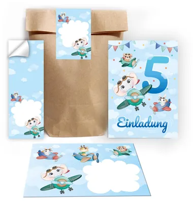 12 Einladungskarten 5. Geburtstag Tiermotiv + Umschläge + Tüten + Sticker