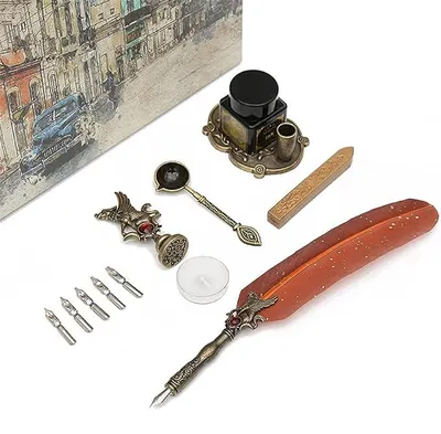 Imagen del producto de Set de pluma estilográfica retro de plumas de ganso naturales, sumergida en agua, para estudiantes, con bolígrafo, set de caligrafía, pluma estilográfica (color: E) (D)