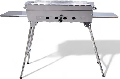 A stainless steel portable grill with foldable legs and side shelves, shown on a white background.