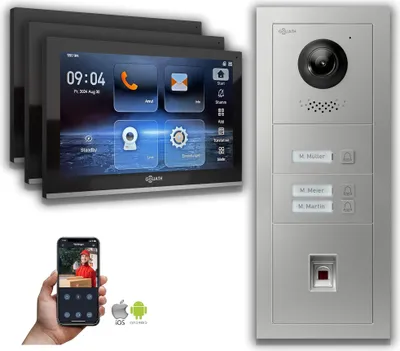 Produktbild von Goliath IP Video Türsprechanlage: 10-Zoll 3 Familienhaus, Fingerprint, Silber : 10 Zoll Schwarz : 4er POE : Aufputz Dose Anschluss: 4er POE Monitor Farbe: 10 Zoll Schwarz Montage: Aufputz Dose