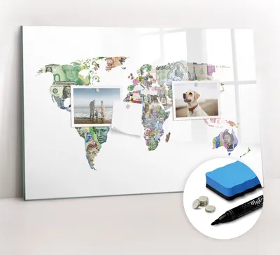 Produktbild von Magnetpinnwand Memoboard - Zubehörsatz - Schwarzer Marker + Schwamm + Magnete - 60 x 40 cm - Banknowy-Weltkarte