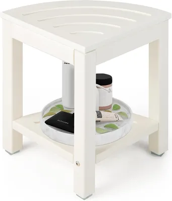 Produktbild von GOPLUS Eck-Badhocker mit Ablage, Duschbank Fächerform, Duschhocker für badzimmer, Balkon, bis 150 kg belastbar (Weiß)
