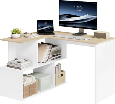 Produktbild von WOLTU Schreibtisch Eckschreibtisch Arbeitstisch PC Laptop Tisch, mit Ablagen, MDF : Helle Eiche+Weiß Farbe: Helle Eiche+Weiß