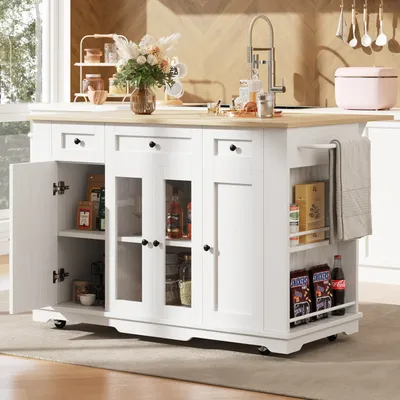 Obrázek produktu pro okwish Kuchyňská skříň, Buffet skříň, Kuchyňský ostrov s dřevěnou strukturou, Tvrdé sklo, Jídelní vozík s odnímatelnými příčkami, Bílá