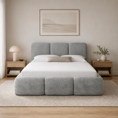 Produktbild von Home Collective Polsterbett Doppelbett Bubble Bouclé | Stauraum & Lattenrost | Bettkasten mit Gasdruckfedern 180x200 cm in Grau, KI-generiertes Bild