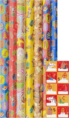 Zdjęcie produktu dla Papier do pakowania Benza Sinterklaas - 2,5 metra x 70 cm - 5 rolek z etykietami