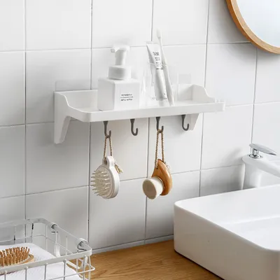 Produktbild von CRELIV Duschablage mit 4 Haken, Ablage Ohne Bohren, Badezimmer Aufbewahrung, Duschregal Kunststoff, Duschkorb, Shampoo Halterung, Wandablage für Dusche, Badezimmer Organizer, Badzubehör Selbstklebend, Schnelle Montage Ohne Bohren, Weiß