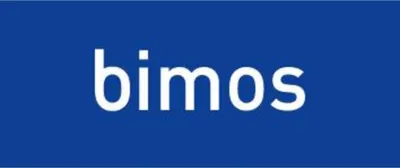 The image shows the word "bimos" in white text on a blue background.