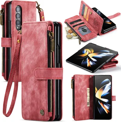 Produktbild von Galaxy Z Fold4 Handyhülle, Reißverschluss Hülle Kunstleder Klapphülle Magnetverschluss Kartenfach Standfunktion Geldbörse Schutzhülle für Samsung Galaxy Z Fold 4 5G Rot