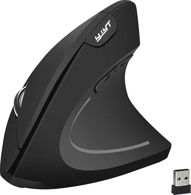 A black ergonomic vertical mouse is shown against a white background. A small USB receiver is also visible in the bottom right corner.