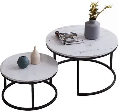 Produktbild von Fortuna Lai Konferenční stolek Sada 2 bočních stolků Kulatý stolek 80 x 45 cm a 60 x 33 cm Obývací stůl Rozkládací stůl Mramorový vzor Dřevěný stůl Kovový rám černý