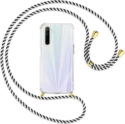 Produktbild von Handykette Backcover-Schutzhülle mit Band (Metall goldfarben) für Realme 6 / 6S - schwarz/weiß gestreift