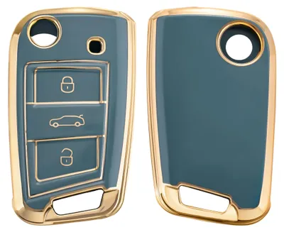 Produktbild von kwmobile Autoschlüssel Hülle kompatibel mit VW Golf 7 MK7 3-Tasten Autoschlüssel - Schlüsselhülle Silikon Cover - Blau Gold