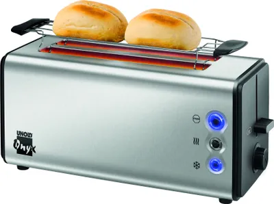 Toaster Edelstahl mit Brötchenrost, blauen LED-Kontrollleuchten und seitlichen Bedientasten.