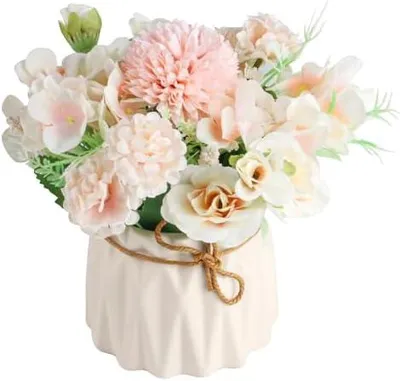 Produktbild von Kunstblumen im Topf, Künstliche Blumen Deko, Plastik Rosen Künstlicher Blumenstrauss, Deko Pflanzen Künstlich für Wohnkultur, Hochzeitstisch, Wohnzimmer, Schlafzimmer, Büro (Rosa)